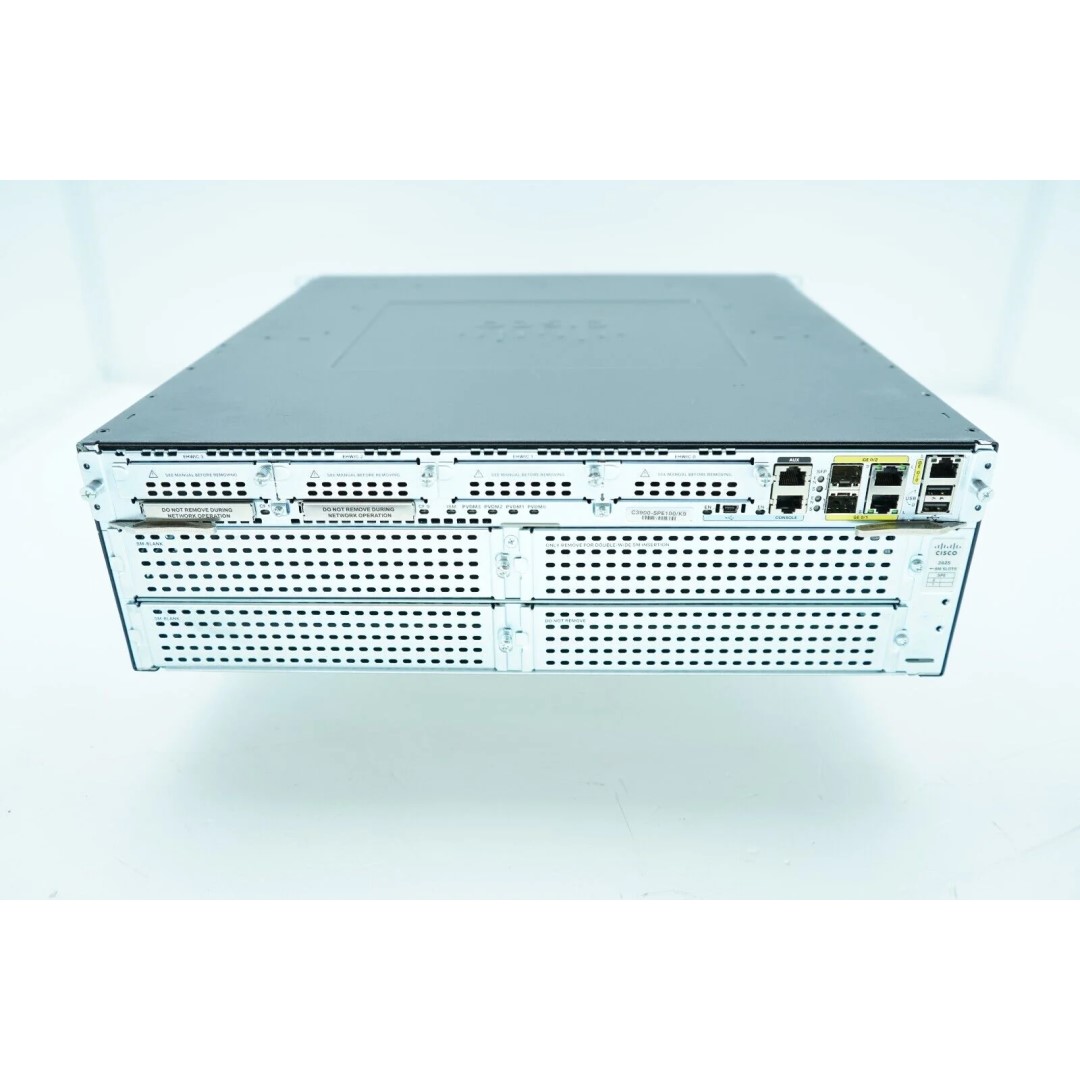 Cisco 3925 ISR with 3 onboard GE, C3900-SPE100/K9, 4 EHWIC slots, 4 DSP slots, 1 ISM slot, 2 SM slots, 256MB CF default ,1 GB DRAM default ,IP Base